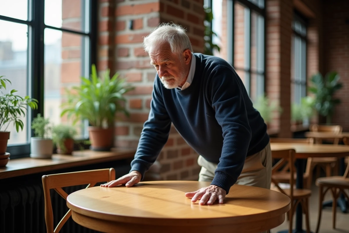Homme âgé ajustant une table en bois dans un appartement urbain