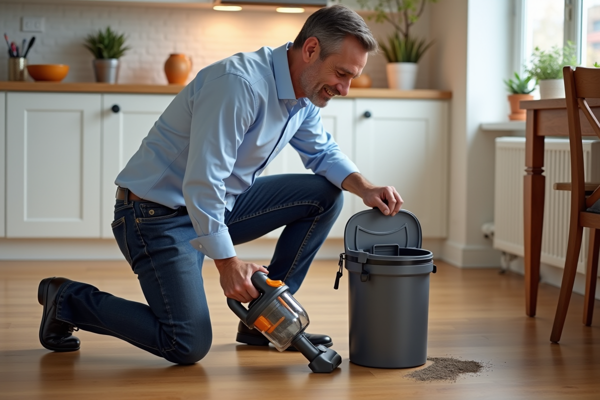 Homme vide le bac à poussière dans la cuisine