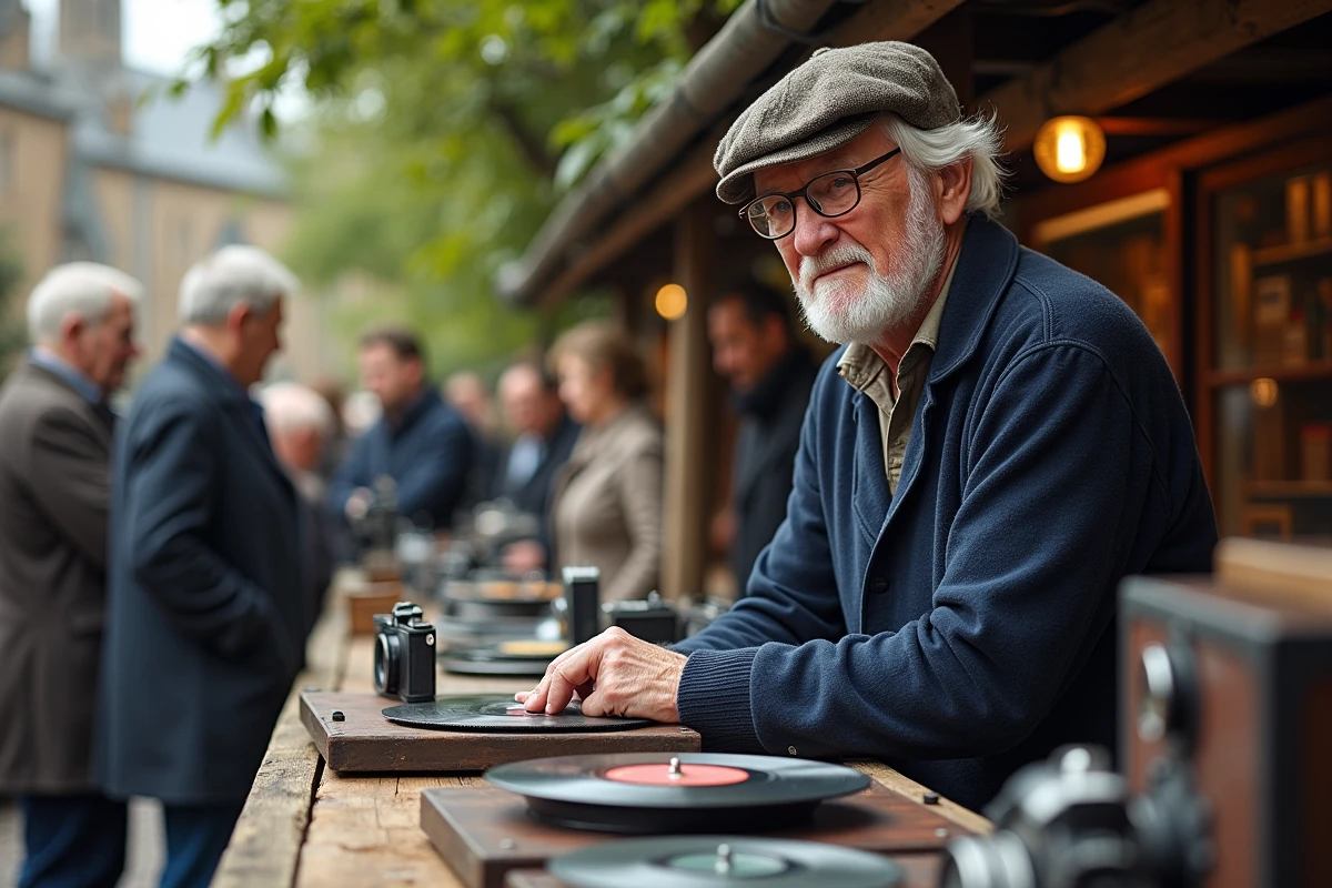 Homme âgé avec vinyles et appareils photo anciens au marché