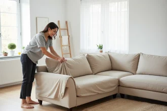 Femme qui installe une housse beige sur un canapé méridienne en L dans un salon scandinave