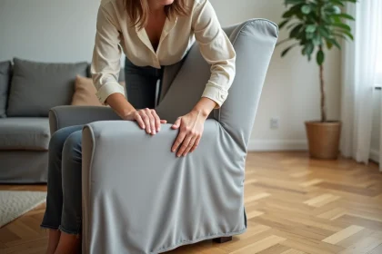 Femme installant une housse extensible grise sur un fauteuil classique dans un salon chaleureux