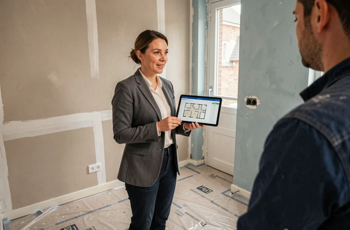 Maître d'ouvrage déléguée coordinant la rénovation d'une salle de bain à Lille, avec tablette de suivi de chantier