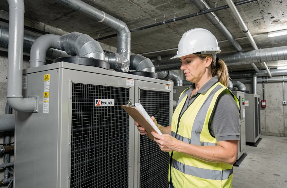 Ingénieure HVAC étudiant les spécifications techniques d'un échangeur de pompe à chaleur industriel en salle des machines
