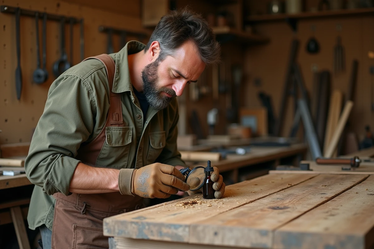 Artisan inspectant des galeries de mites dans un meuble en pin ancien avec une loupe et de l'huile essentielle de cèdre dans un atelier de campagne