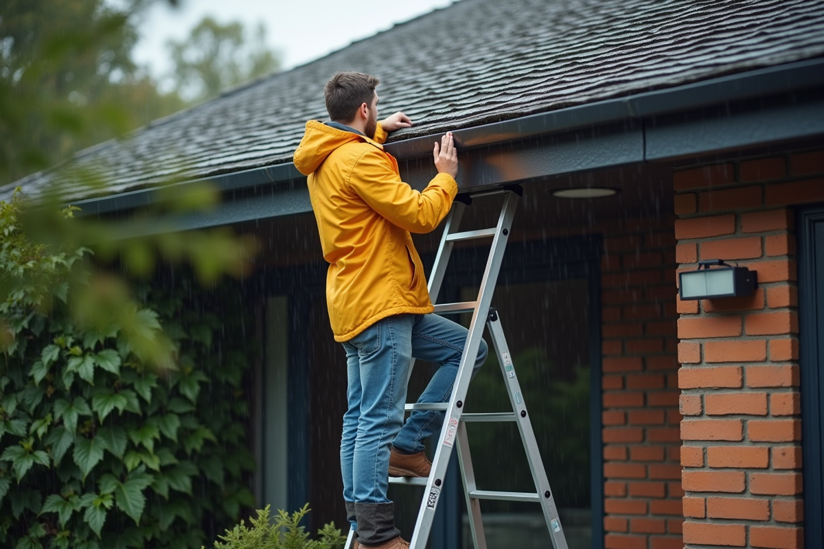 Jeune homme installant un diverteur de gouttiere