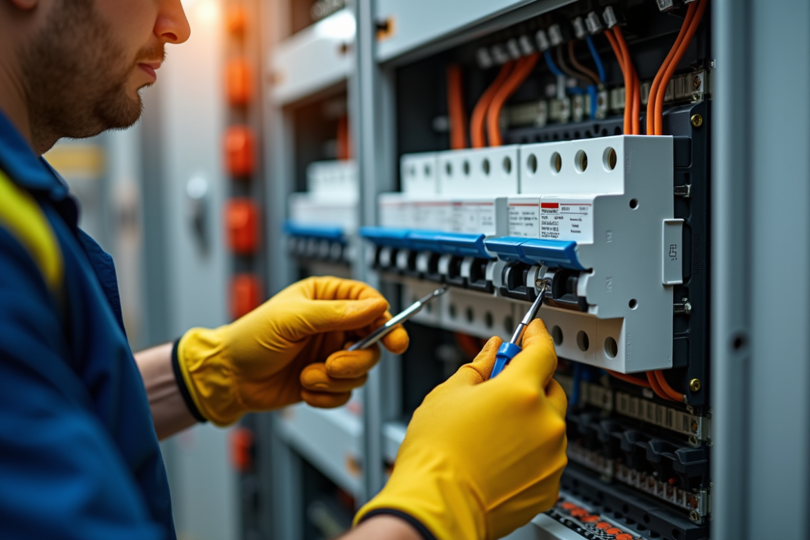 Personne installant des disjoncteurs dans un panneau électrique