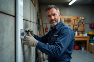 Électricien installant une goulotte électrique avec prises intégrées sur le mur béton d'un atelier