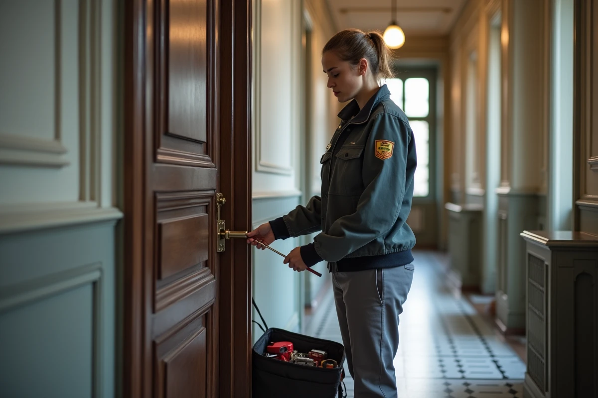 Serruriére professionnelle installant une nouvelle serrure sécurisée sur une porte d'appartement à Paris après un cambriolage