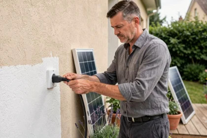 Homme connectant un panneau solaire plug and play à une prise électrique extérieure sur la façade d'une maison individuelle