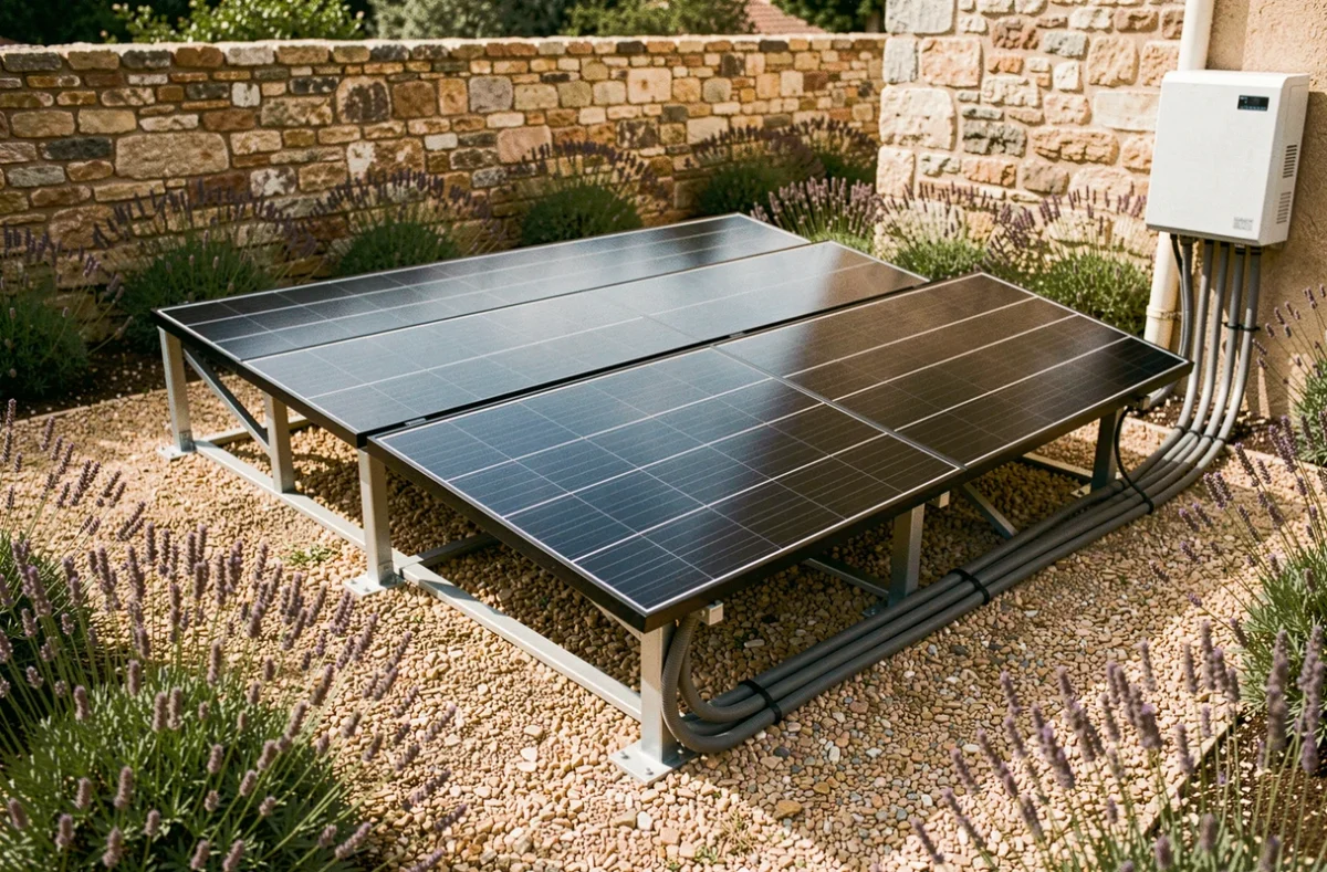 Installation solaire 2000 W au sol dans un jardin résidentiel du sud de la France avec onduleur mural