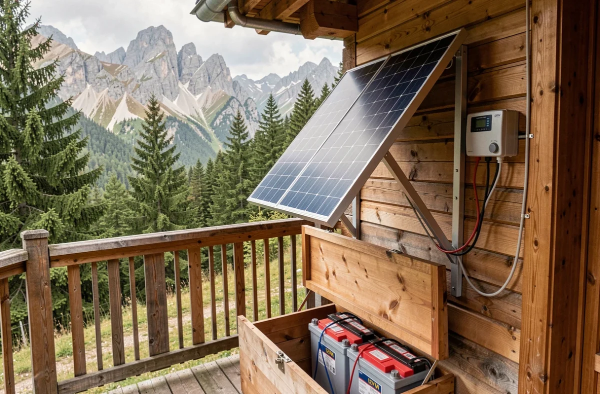 Installation solaire autonome avec deux panneaux 300W 12V sur un chalet alpin avec contrôleur de charge et batteries