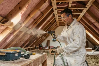 Technicien en isolation soufflant de la ouate de cellulose dans les combles d'une maison en Mayenne
