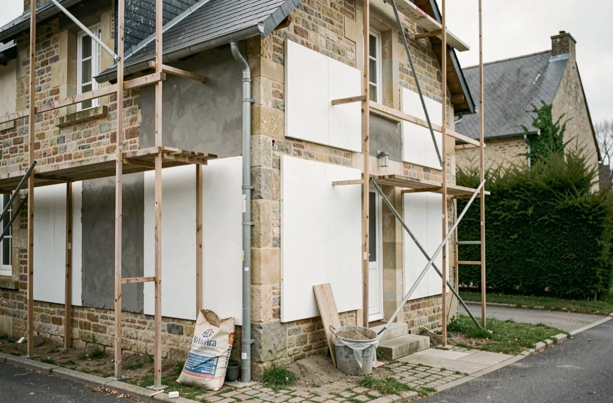 Façade d'une maison en pierre en Mayenne en cours d'isolation thermique par l'extérieur avec panneaux de polystyrène