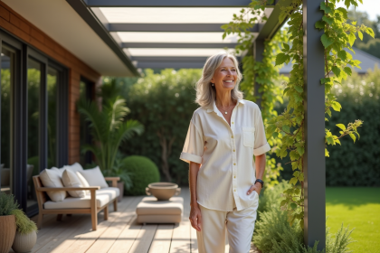 Femme d'âge moyen dans un jardin avec pergola moderne