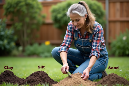 Femme jardiniere en denim et vichy examine le sol