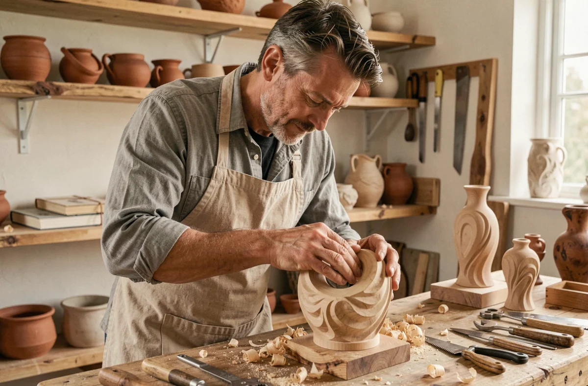Artisan de Jean-Brieuc Atelier façonnant un objet décoratif en bois dans son atelier de création artisanale