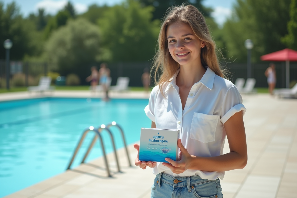Jeune femme tient une boîte de bicarbonate près de la piscine
