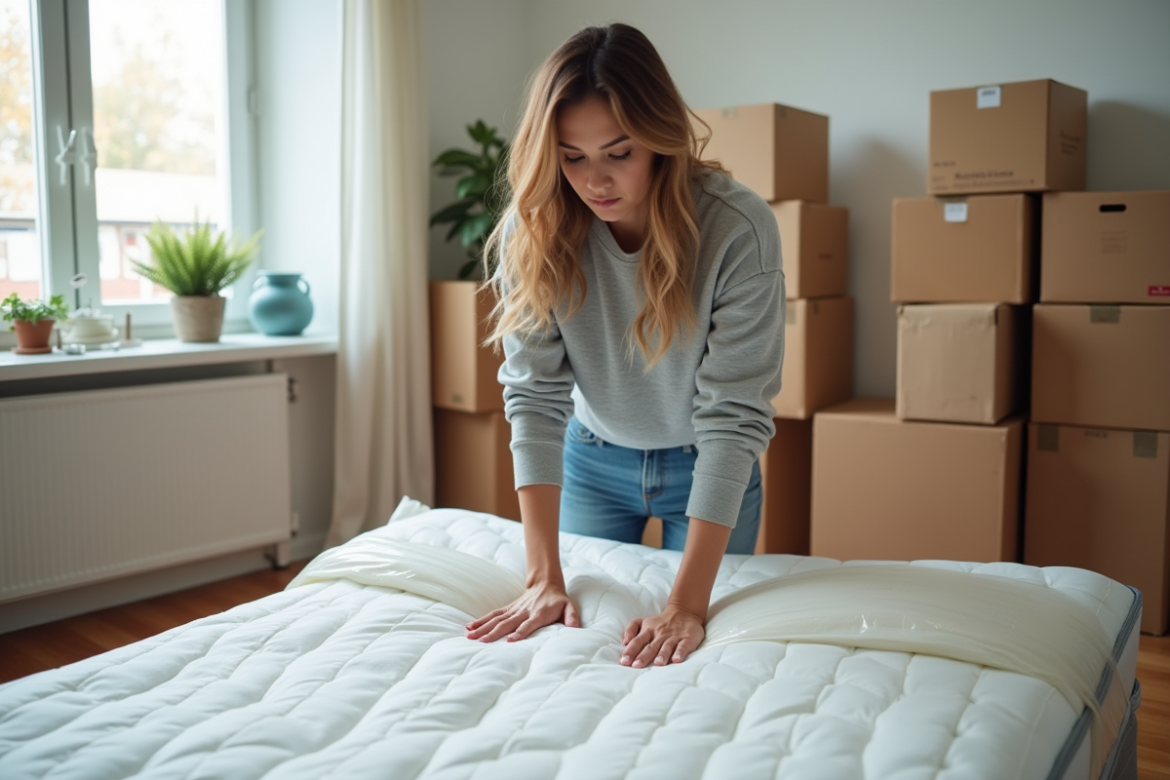 Jeune femme emballant un matelas dans un appartement lumineux