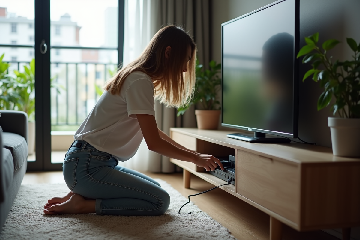 Jeune femme en jeans éteignant la télévision dans un appartement urbain