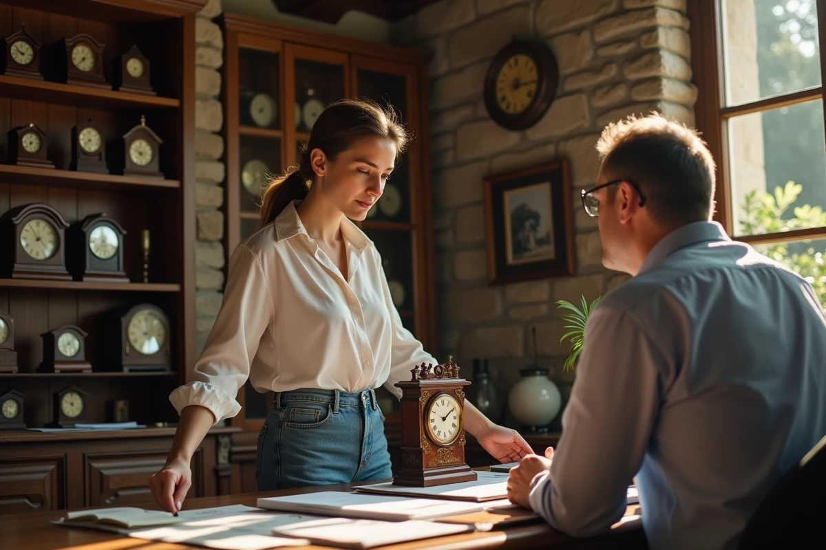 Jeune femme discutant d une horloge ancienne avec un antiquaire