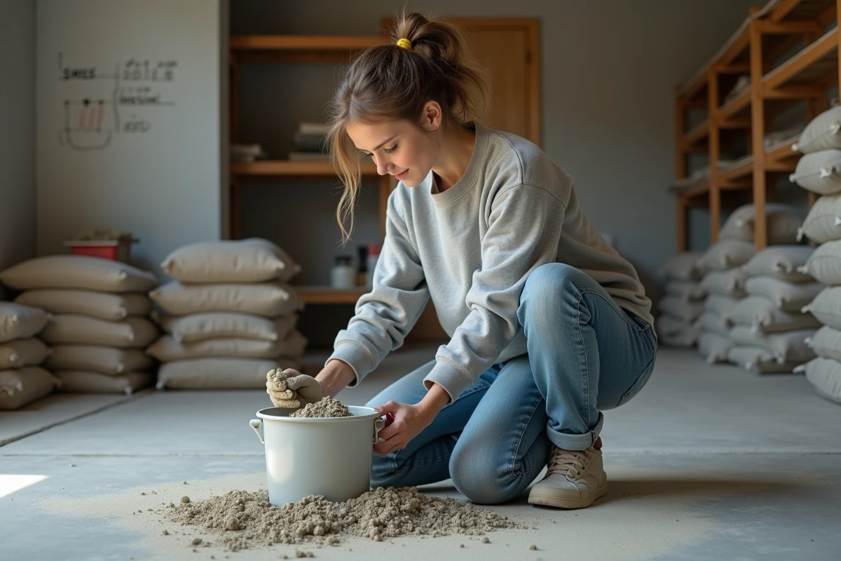 Jeune femme mesure du ciment dans un garage intérieur