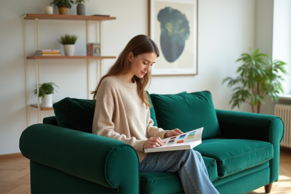Jeune femme assise sur un sofa vert en velours avec palette de couleurs