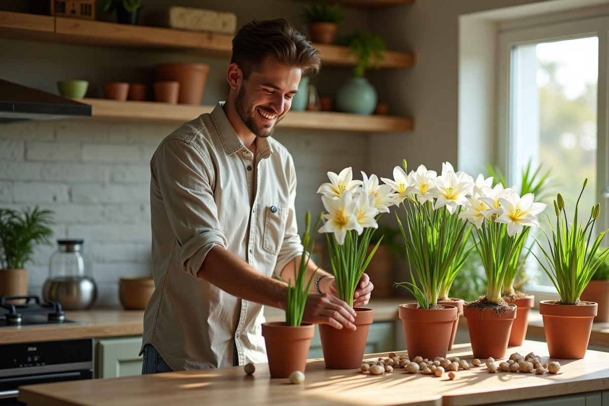 Jeune homme arrangeant des lys dans la maison