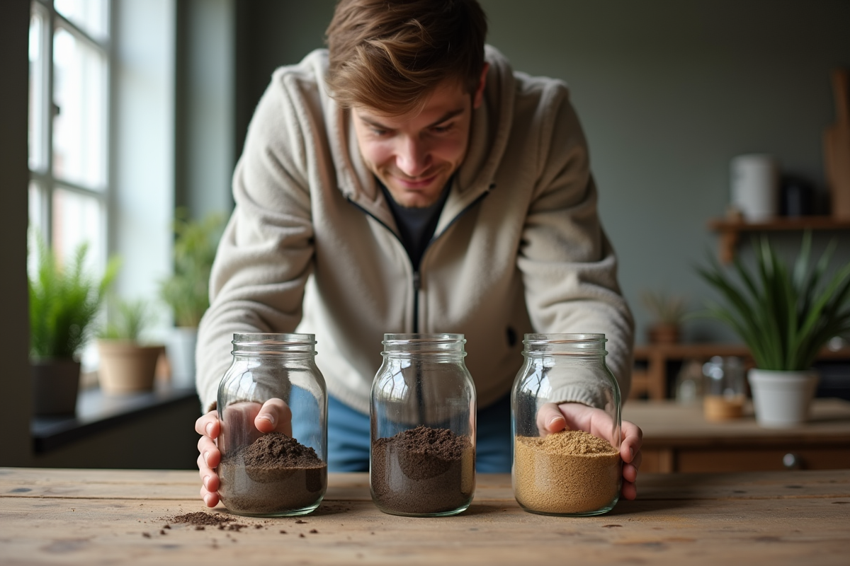Jeune homme observe des pots de sols dans un atelier