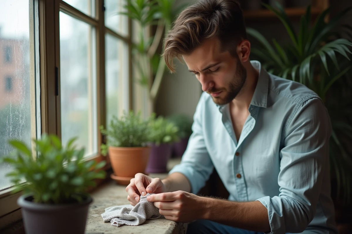 Jeune homme examinant un bracelet en argent avec un chiffon