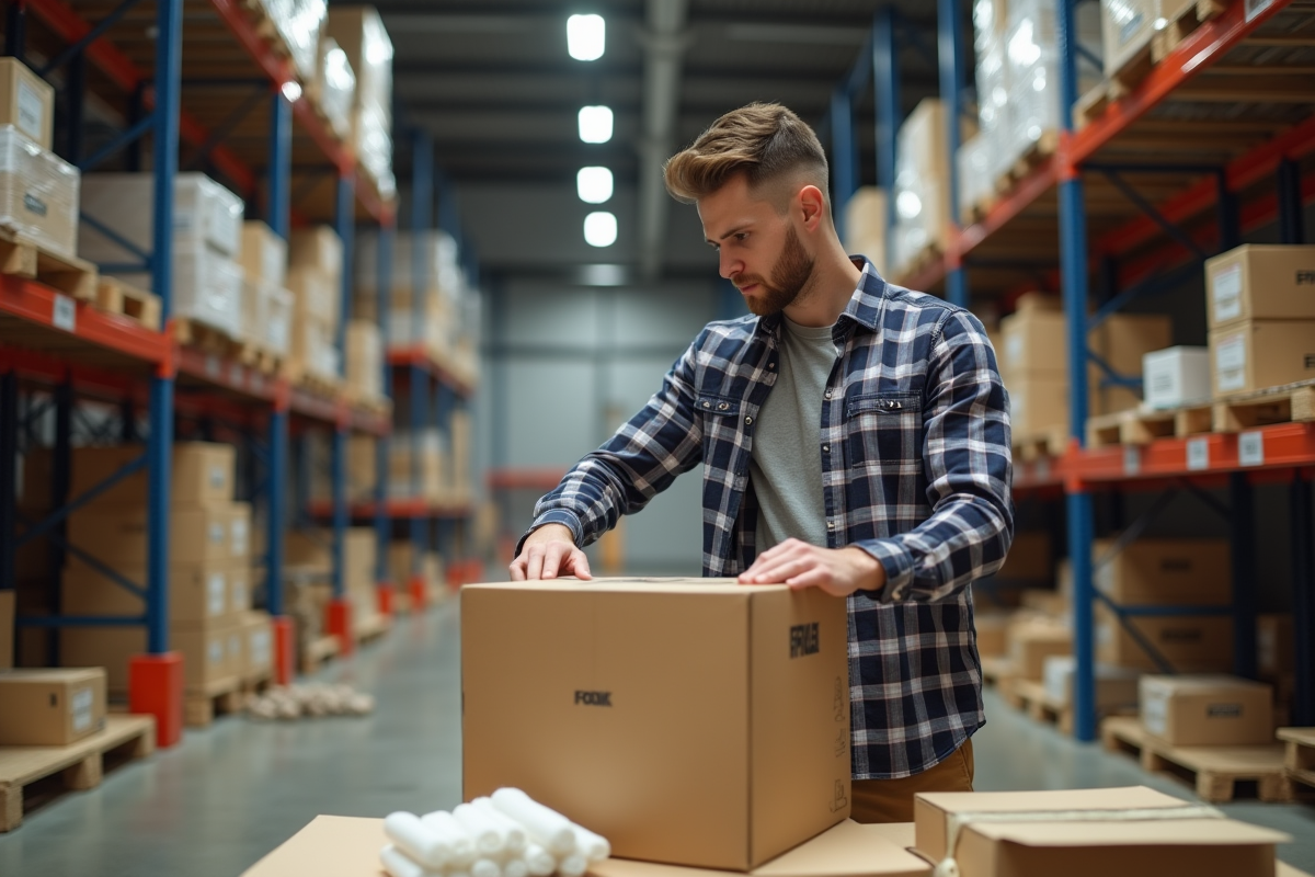 Jeune homme scellant une boxe fragile dans un entrepôt organisé