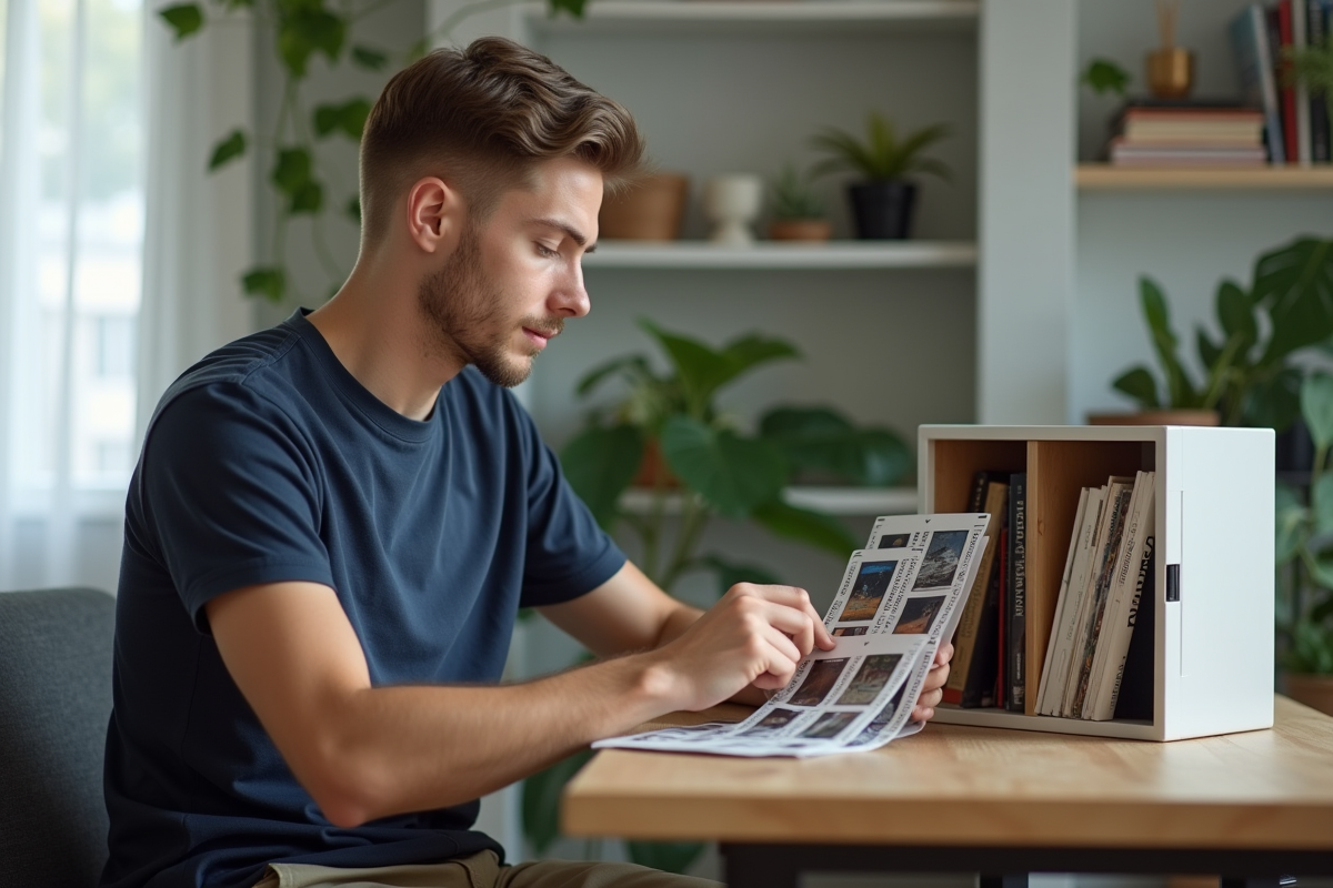 Jeune homme regardant films adhésifs sur un panneau électrique