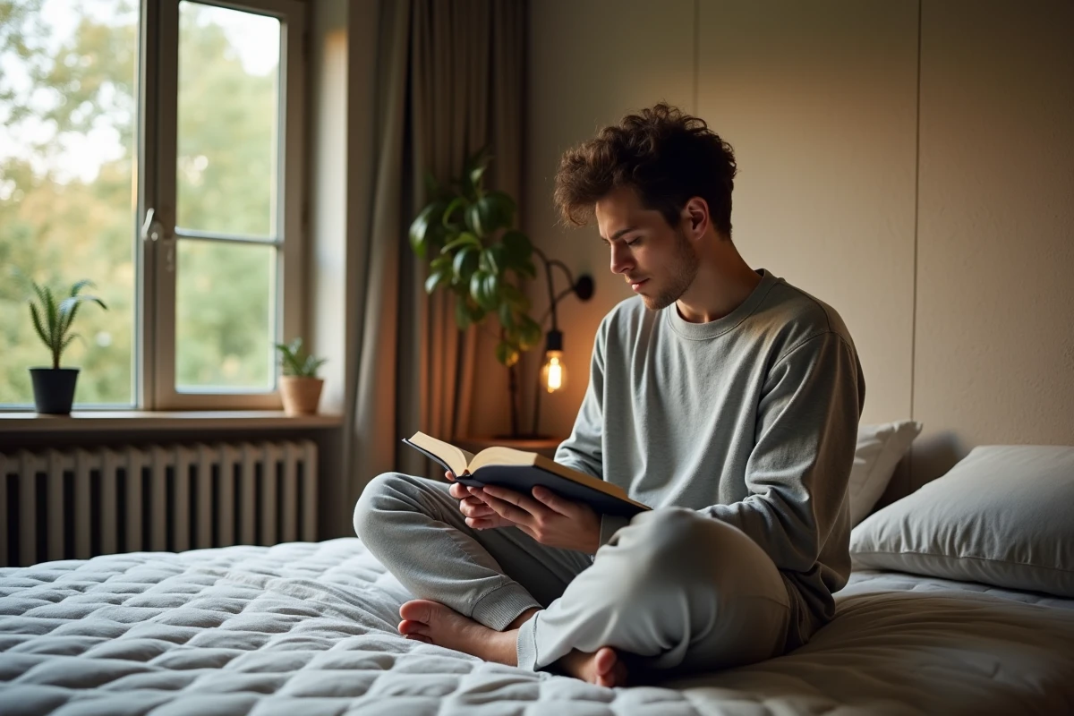 Jeune homme lisant sur un matelas dans une chambre cosy