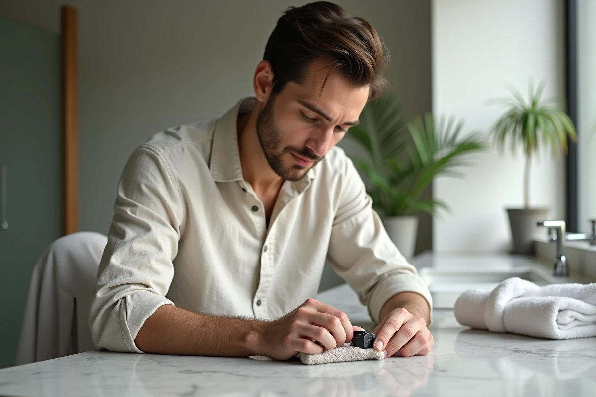 Jeune homme nettoyant une bague en argent noircie