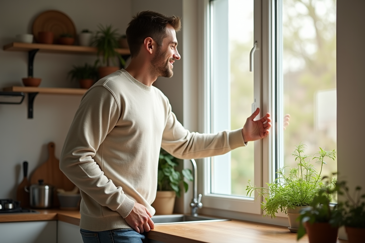 Jeune homme dans la cuisine ouvrant une fenêtre pour aérer