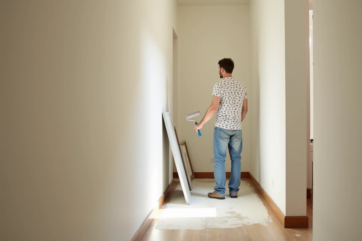 Jeune homme peignant un couloir avec un rouleau à peinture