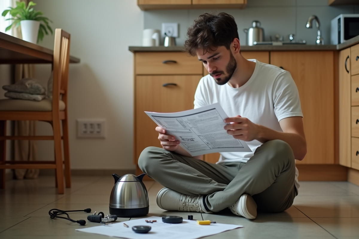Jeune homme examinant un bouilloire démontée au sol