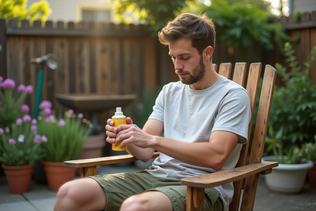 Jeune homme appliquant un insecticide naturel dans le jardin