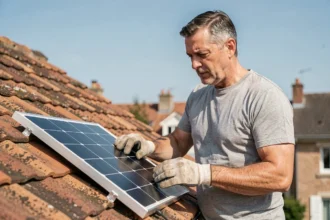 Propriétaire masculin examinant un kit solaire Allo Solar sur un toit de maison individuelle en France