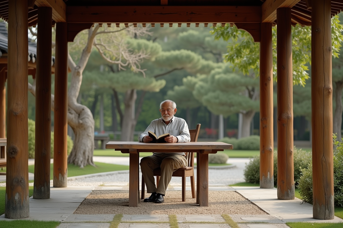 Homme âgé lisant sous une structure en bois traditionnelle
