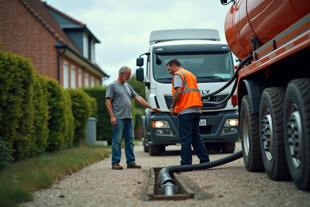 Livraison de fioul à domicile avec camion citerne et propriétaire inquiet près de la cuve enterrée