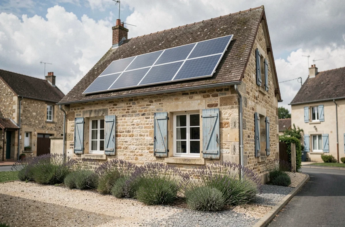 Maison individuelle française équipée d'un kit solaire Allo Solar installé sur le toit, vue de la rue
