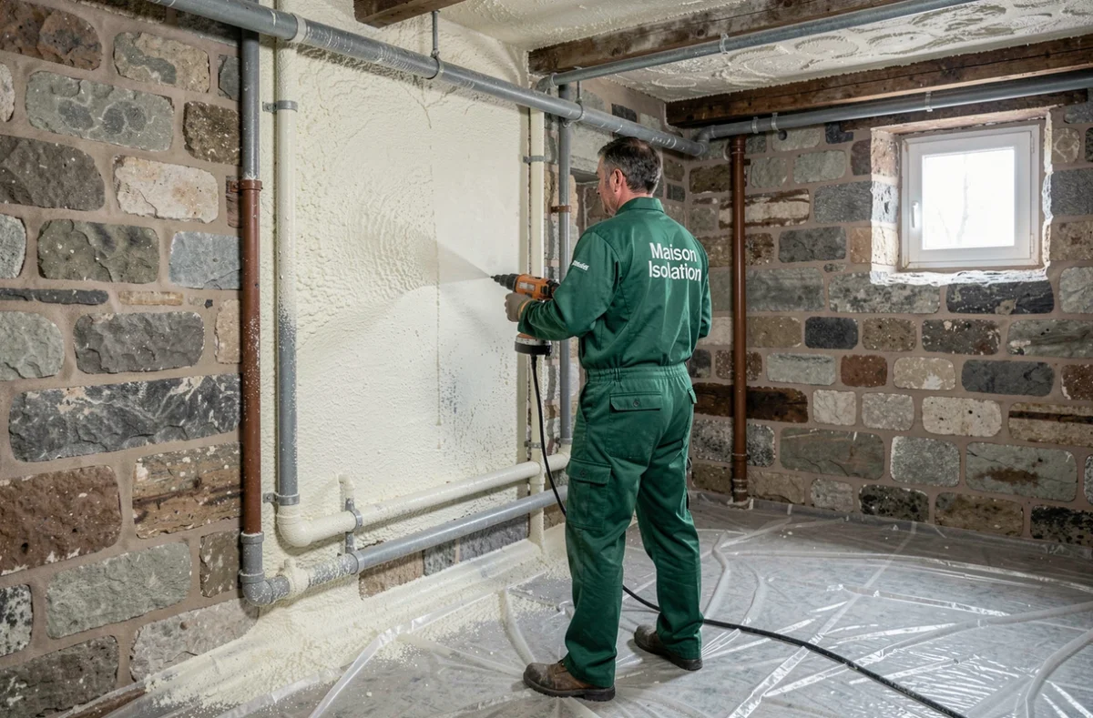 Professionnel de Maison Isolation appliquant de la mousse polyuréthane dans un sous-sol résidentiel parisien