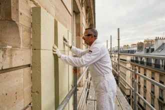 Technicien en isolation travaillant sur la façade d'un immeuble haussmannien à Paris