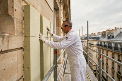 Technicien en isolation travaillant sur la façade d'un immeuble haussmannien à Paris