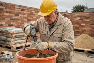 Ouvrier mélangeant du mortier dans un bac sur un chantier de maçonnerie extérieur