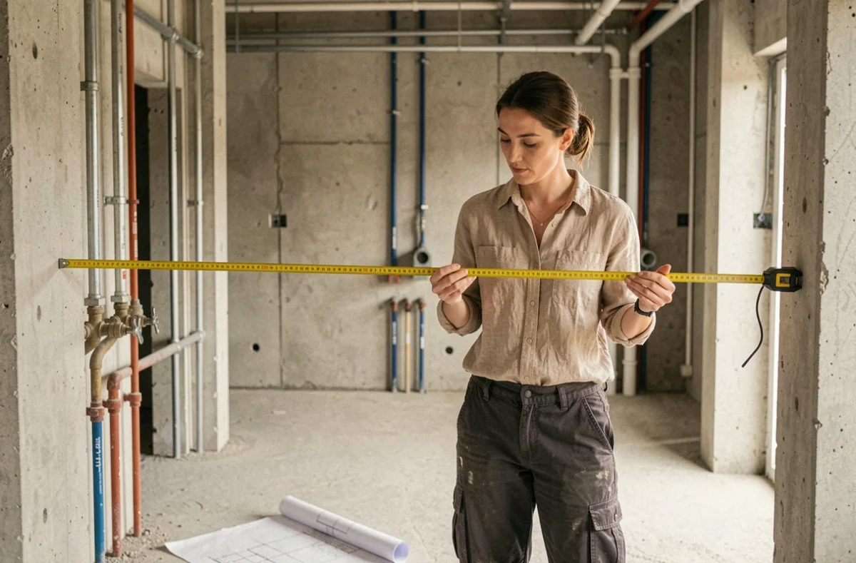 Architecte mesurant les dimensions d'une salle de bain en rénovation avec un mètre ruban