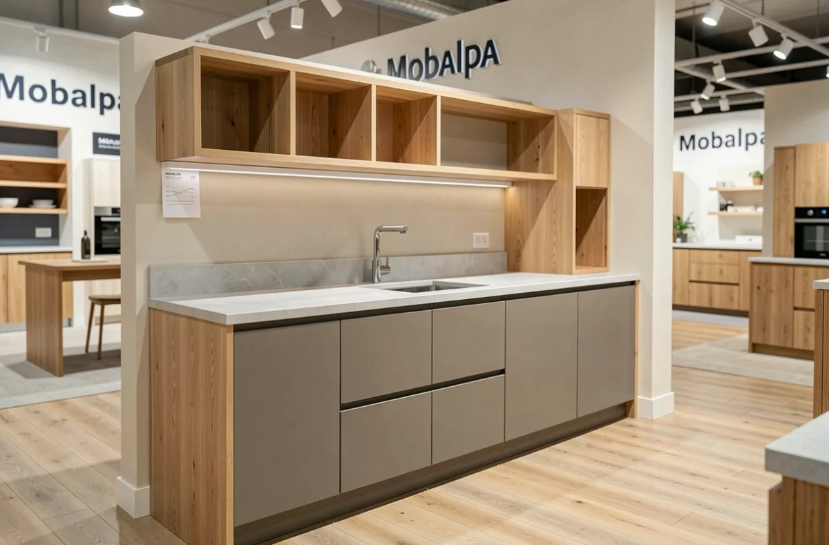 Cuisine style scandinave en chêne naturel exposée dans le showroom Mobalpa de Mâcon