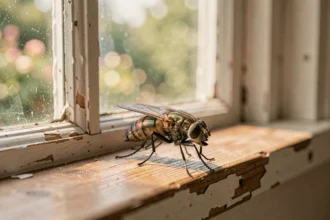 Mouche posée sur le rebord d'une fenêtre en bois à l'intérieur d'une maison, symbolisant la signification spirituelle de la mouche selon la loi d'attraction