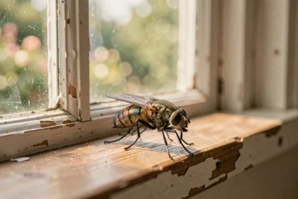 Mouche posée sur le rebord d'une fenêtre en bois à l'intérieur d'une maison, symbolisant la signification spirituelle de la mouche selon la loi d'attraction
