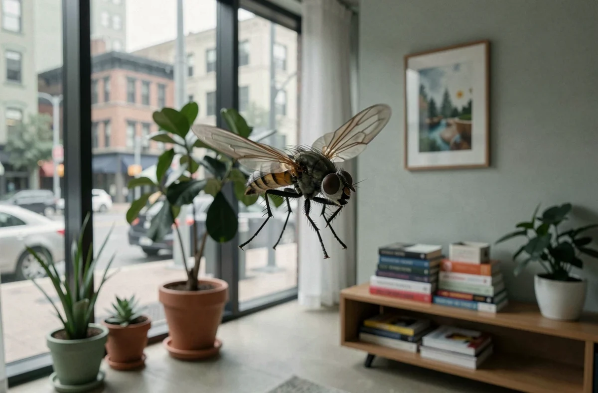 Mouche en vol dans un salon moderne avec grandes fenêtres et livres de développement personnel, évoquant les signaux de l'univers et la loi d'attraction